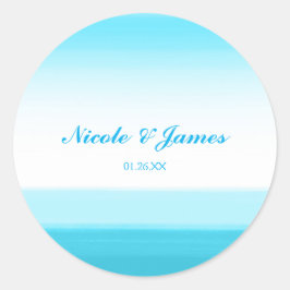 Klarblå akvarellbröllopsetiketetter runt klistermärke