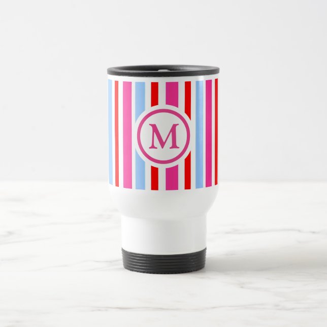 Klarröda och blåa godisränder Monogram Resemugg (Center)