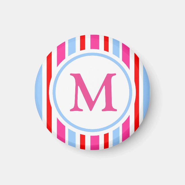 Klarröda och blåa ränder med monogram magnet (Framsidan)