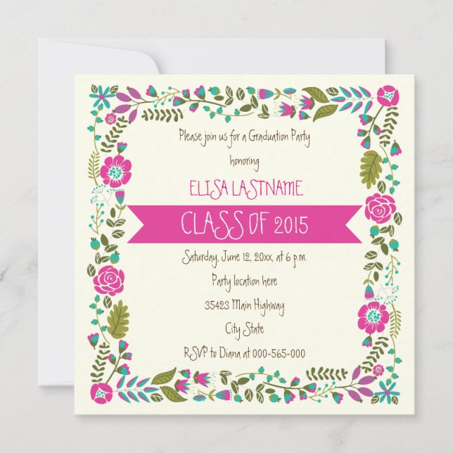 Klass 2015 rosa & aqua blommigt gräns studenten inbjudningar (Framsida)