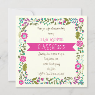 Klass 2015 rosa & aqua blommigt gräns studenten inbjudningar
