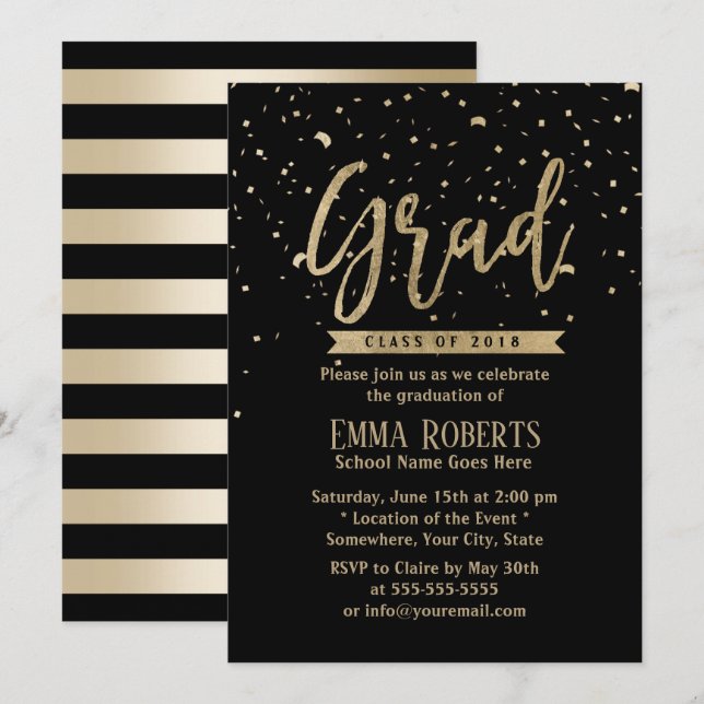 Klass 2018 Modern Guld Confetti Studenten Inbjudningar (Fram/baksida)