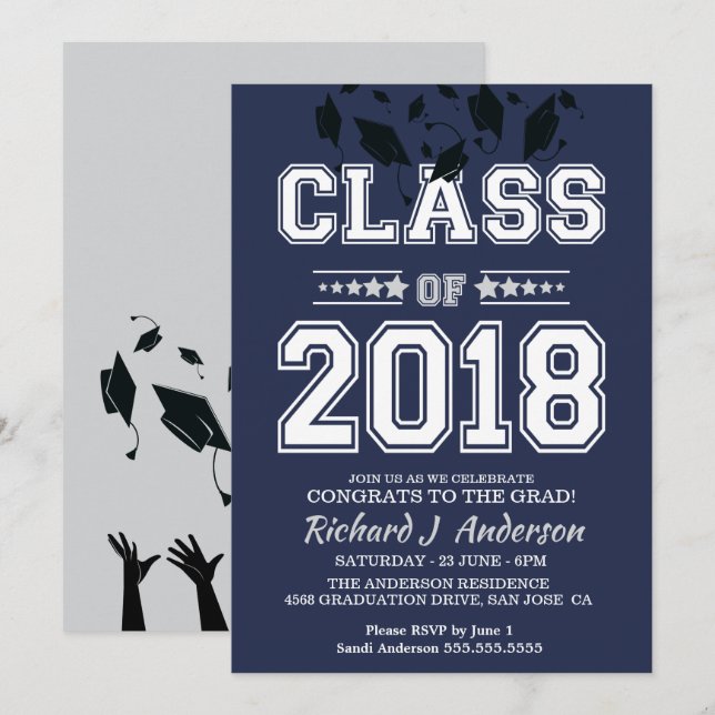 Klass 2018 Silver och Blue Grad Party Inbjudningar (Fram/baksida)