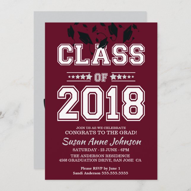 Klass 2018 Silver och Burgundy Grad Party Inbjudningar (Fram/baksida)