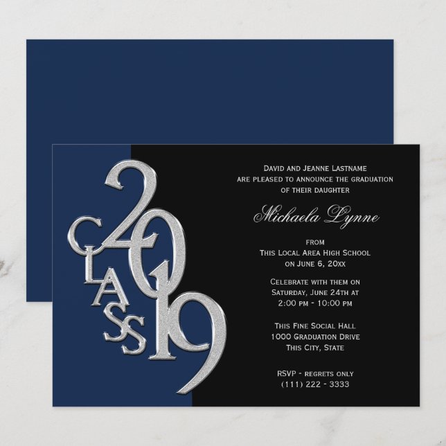 Klass 2019: Grad Silver med Färg Option Inbjudningar (Fram/baksida)