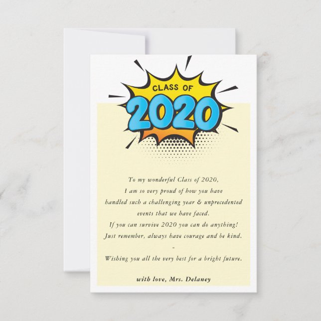 Klass 2020 klasslärare till elev not comic tack kort (Framsida)