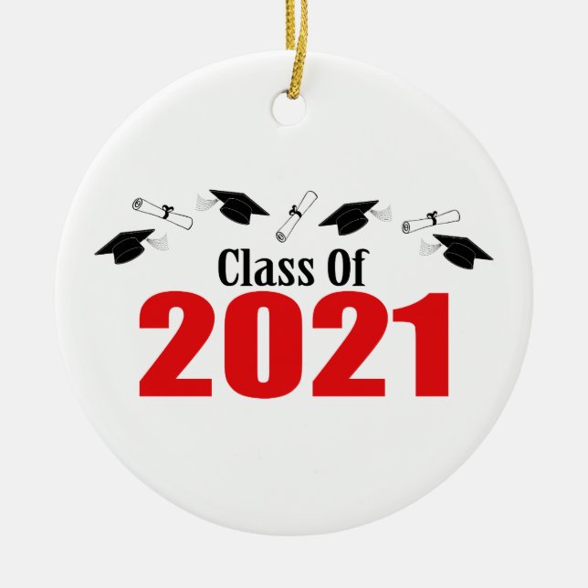 Klass 2021 Caps och diplom (röd) Julgransprydnad Keramik (Framsidan)