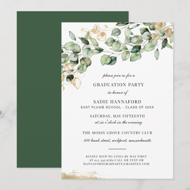 Klass 2021: Eucalyptus Rustic Guld Studenten Inbjudningar (Fram/baksida)