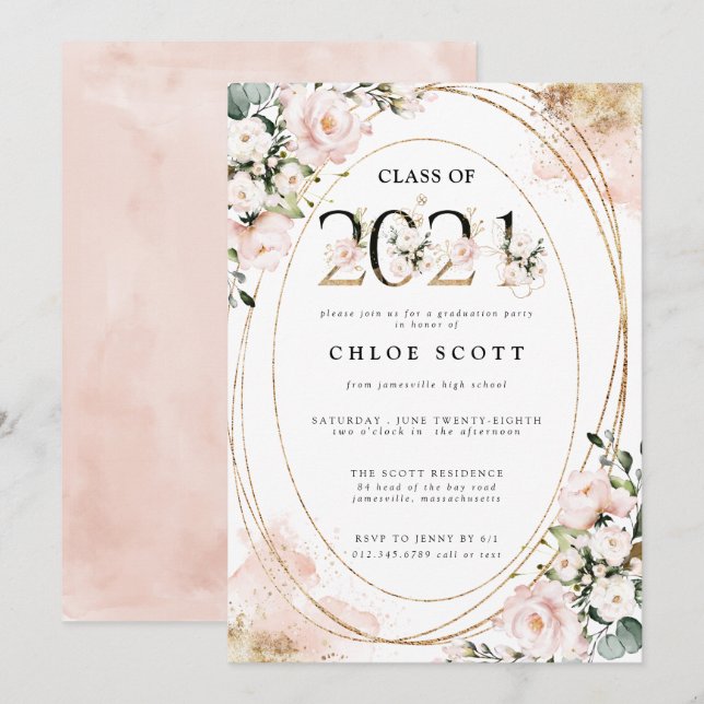 Klass 2021  Rosa Guld Studenten Inbjudningar (Fram/baksida)