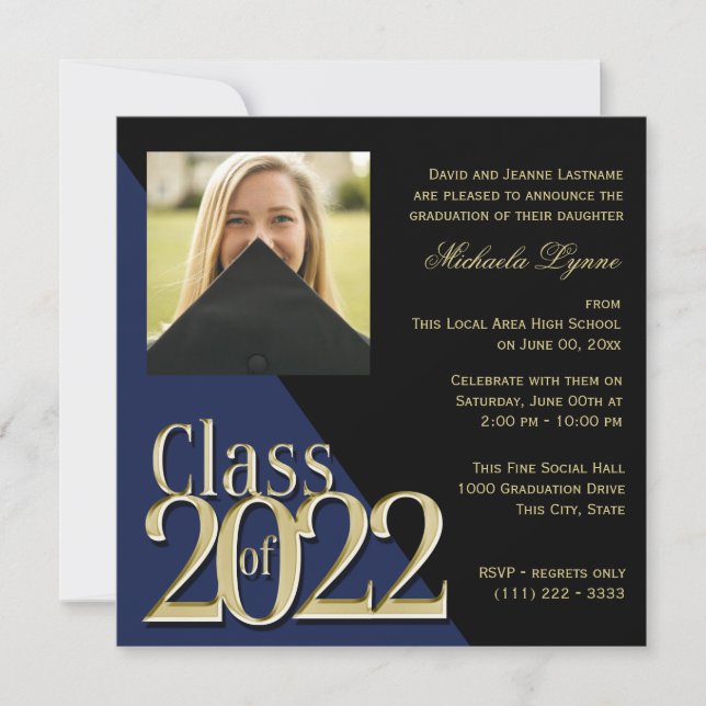 Klass 2022 Grad Guld och Blue med Photo Inbjudningar (Framsida)