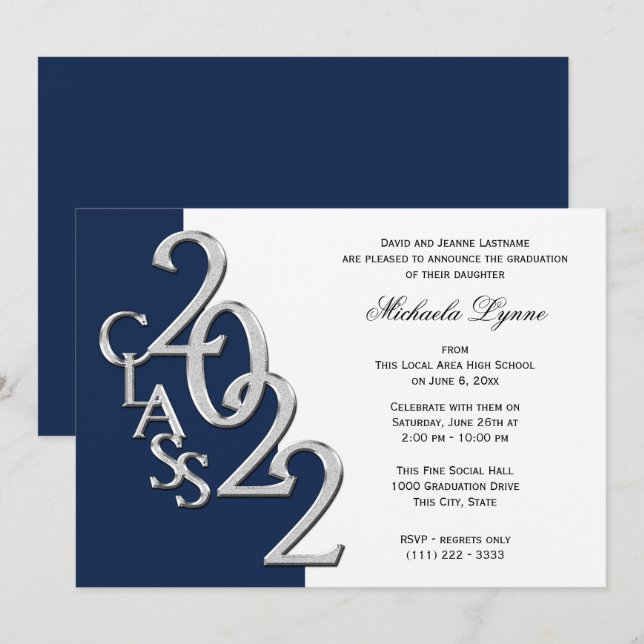 Klass 2022 Grad Silver med Färg Option Invit Inbjudningar (Fram/baksida)