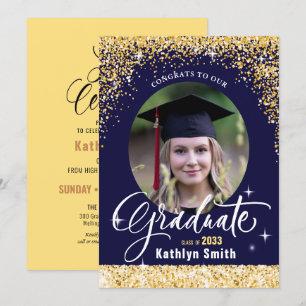 Klass 2022 Guld Glitter Blue Elegant Studenten Inbjudningar