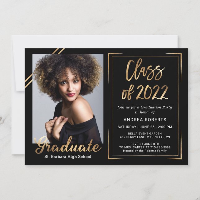 Klass 2022 Modern Black Guld Photo Studenten Inbjudningar (Framsida)
