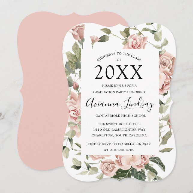 Klass 2022 Söt Rosa ros Blommigt Studenten Inbjudningar (Fram/baksida)