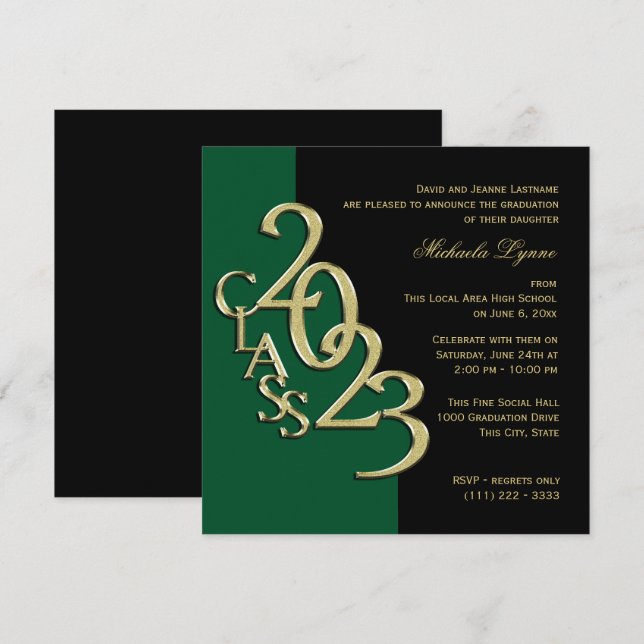 Klass 2023 Grad Grönt och Guld Inbjudningar (Fram/baksida)