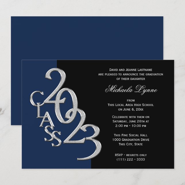 Klass 2023 Grad Silver med Färg Option Inbjudningar (Fram/baksida)