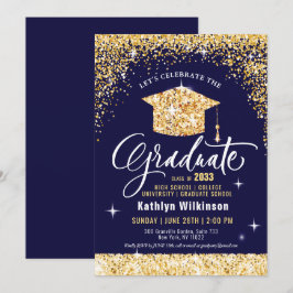 Klass 2023 Guld Glitter Blue Elegant Studenten Inbjudningar