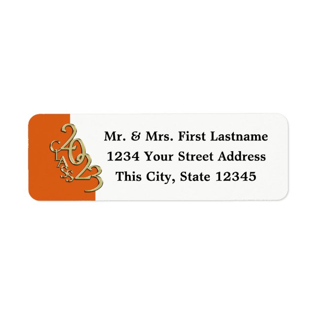 Klass 2023 Orange och Guld Studenten Returadress Etikett (Framsidan)