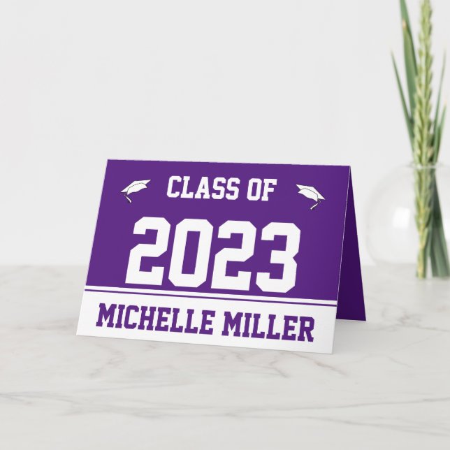 Klass 2023 Royal Lila och Vita Studenten Kort (Framsida)