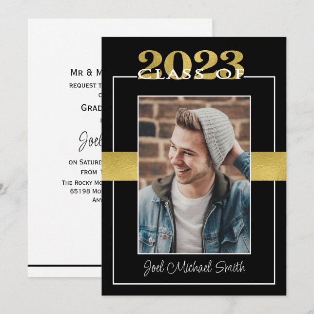 Klass 2023 Svarta och Guld Studentfest Inbjudningar (Fram/baksida)