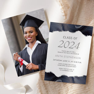 Klass 2024 Fotoblått Grått Agate Studenten Inbjudningar