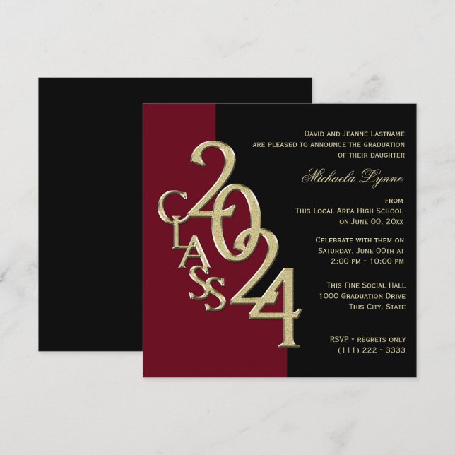Klass 2024: Grad Burgundy och Guld Inbjudningar (Fram/baksida)