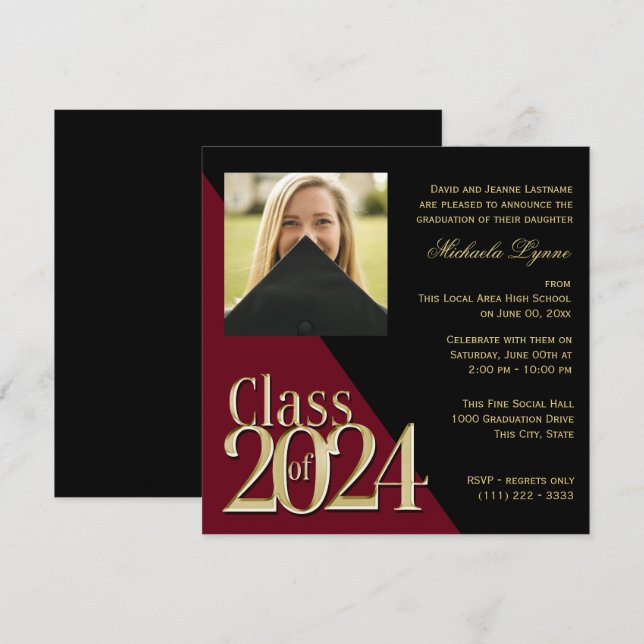 Klass 2024 Guld Grad Burgundy med foto Inbjudningar (Fram/baksida)