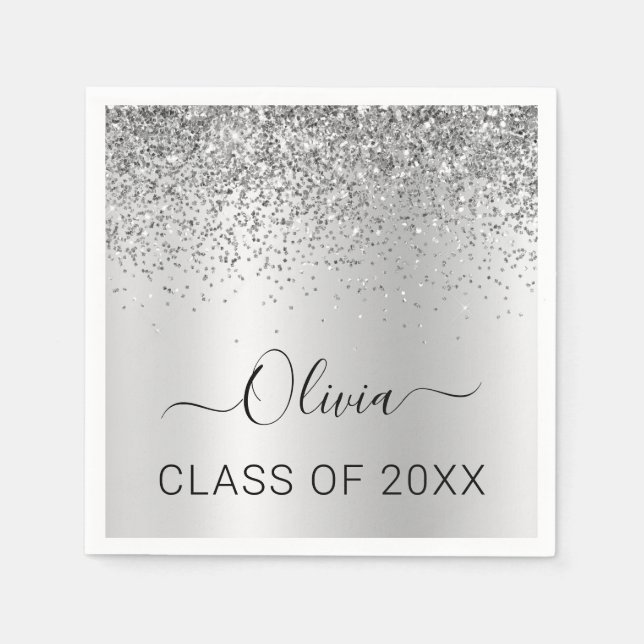 Klass 2024 Silver Svart Glitter Examen Pappersservett (Framsidan)