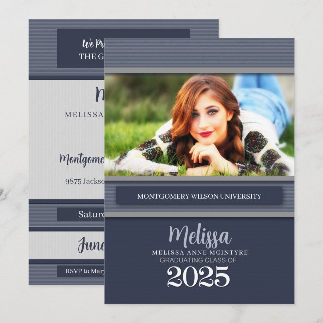 Klass 2025: Blue Streck Photo Studenten Inbjudningar (Fram/baksida)