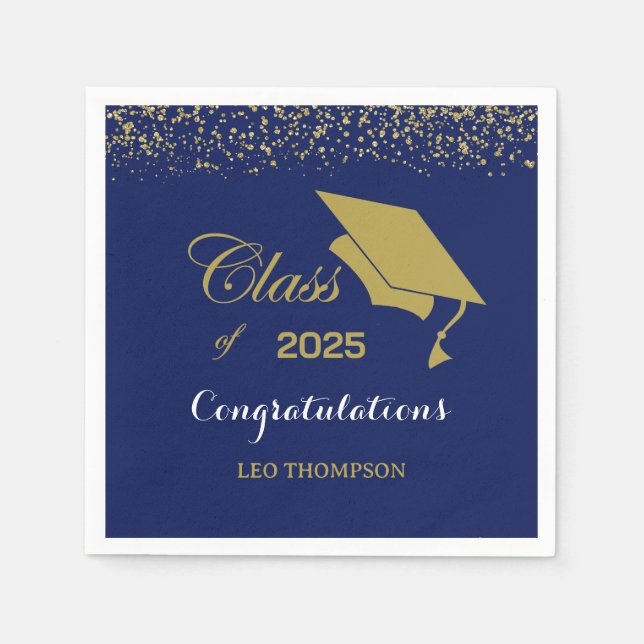 Klass 2025 Elegant Blue Guld Glitter Pappersservett (Framsidan)