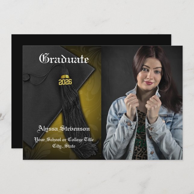Klass 2025: Guld Tassel College Photo Studenten Inbjudningar (Fram/baksida)