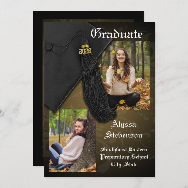 Klass 2025 Guld Tassel Dignified Studenten Inbjudningar (Fram/baksida)