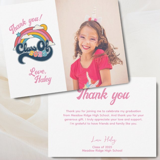 Klass 2025: Retro Rainbow Rosa Studenten Tack Kort (Class of 2025 Retro Rainbow Pink Graduation Thank You Card
)