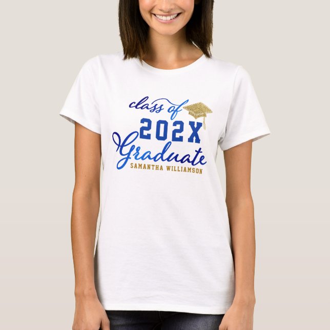 Klass 2025 Student Blue Guld White Studenten T Shirt (Framsida)