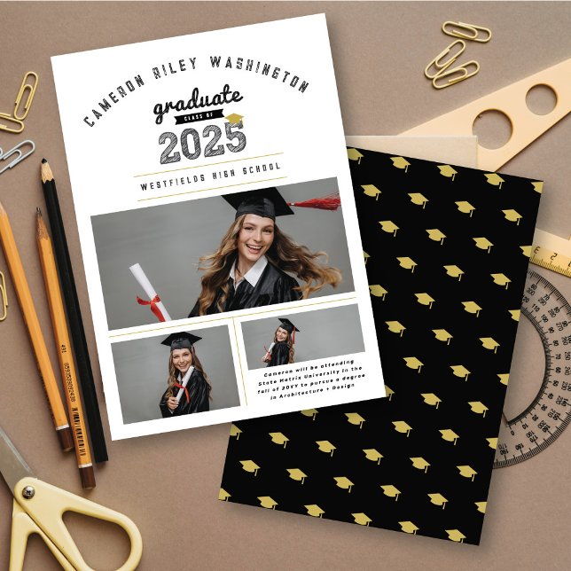 Klass 2025 Student skiss 3 Photo Studenten Inbjudningar (Class Of 2025 Bold Black & White Sketch Typography, 3 Photo Collage Graduation Announcement Card)
