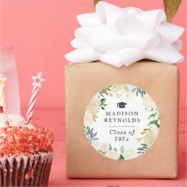 Klass 2025 Studenten Vita Grönten Guld Blommigt Runt Klistermärke