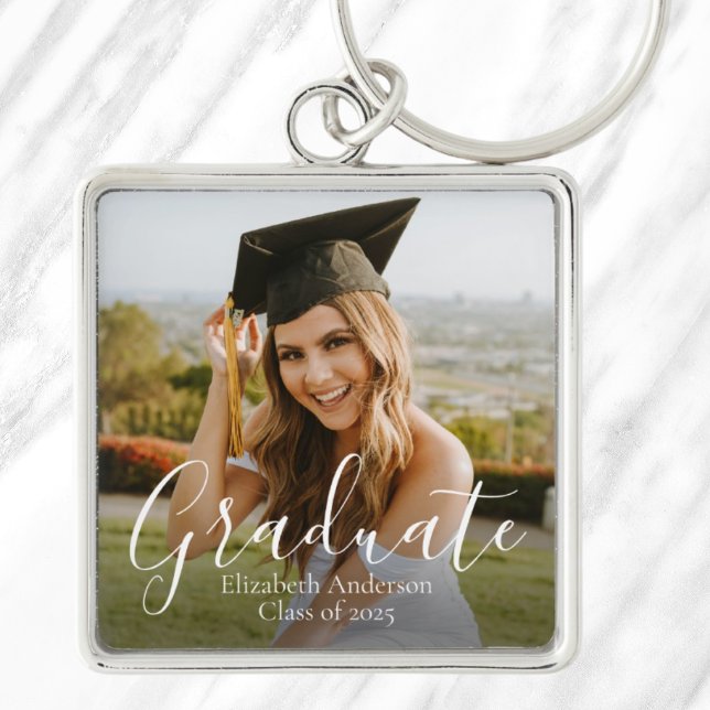 Klass 2026 Anpassad Examen Script Foto Fyrkantig Silverfärgad Nyckelring (Class of 2025 Custom Graduate Script Photo Keychain)