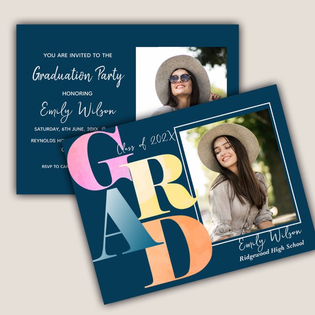 Klass 2026 GRAD 2 Foto Examenhändelse Meddelande Vykort (Elegant 2024 GRAD 2 Photo Graduate Announcement party invitation Postcard)