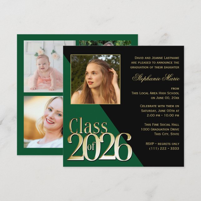 Klass 2026 Guld Grad Grön med Foto Inbjudningar (Fram/baksida)