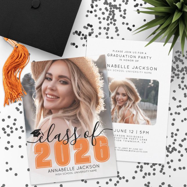 Klass 2026 Orange Examensfoto Examen Inbjudningar (Class Of 2026 Orange Graduate Photo Graduation Invitation)