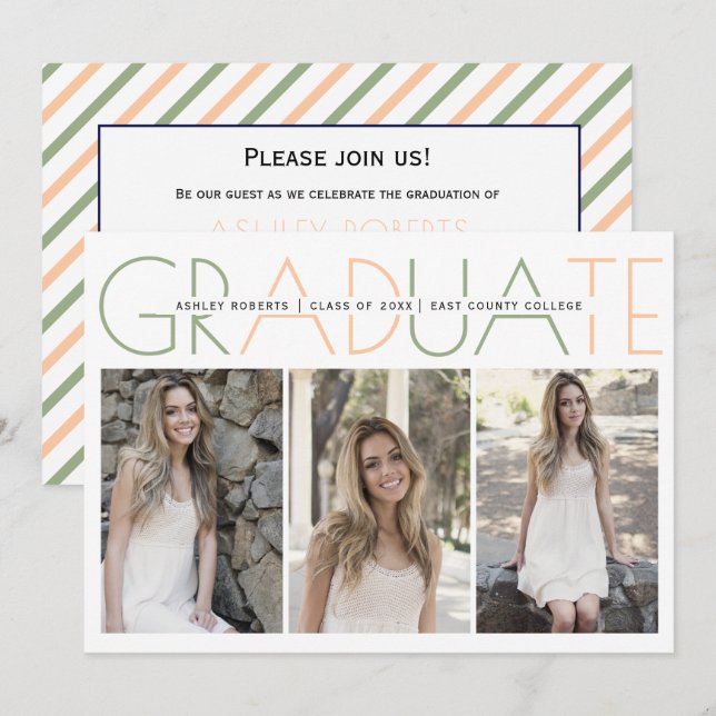 Klass 2026 sagegrön, persikofärgad examensfoto inbjudningar (Fram/baksida)