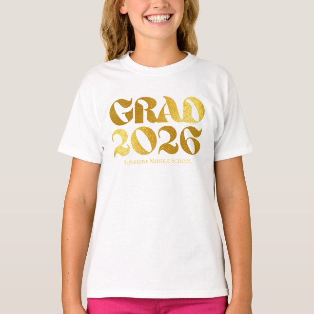 Klass 2026 Svart och Guld Typografi Mitt T Shirt (Framsida)