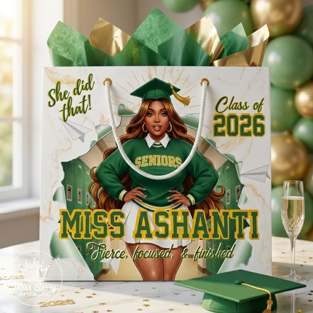 Klass 2026 Svart tjejexamen Grön och guld (African American Girl Graduation Gift Bag, Class of 2026 Green & Gold)