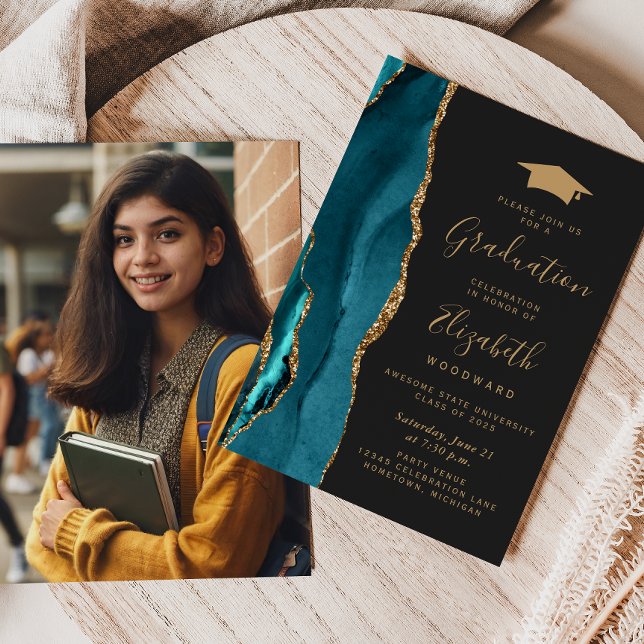 Klass 2026 Teal Agate Foto Hatt Mörk Examen Inbjudningar (Skapare uppladdad)