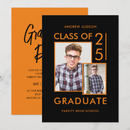 Klass 26 Modern Svart & Orange Foto-Studentfirande Inbjudningar