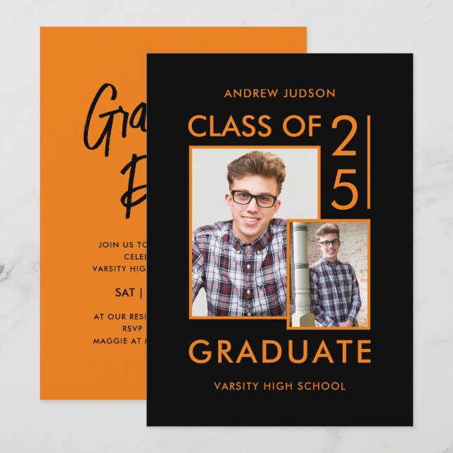 Klass 26 Modern Svart & Orange Foto-Studentfirande Inbjudningar (Fram/baksida)