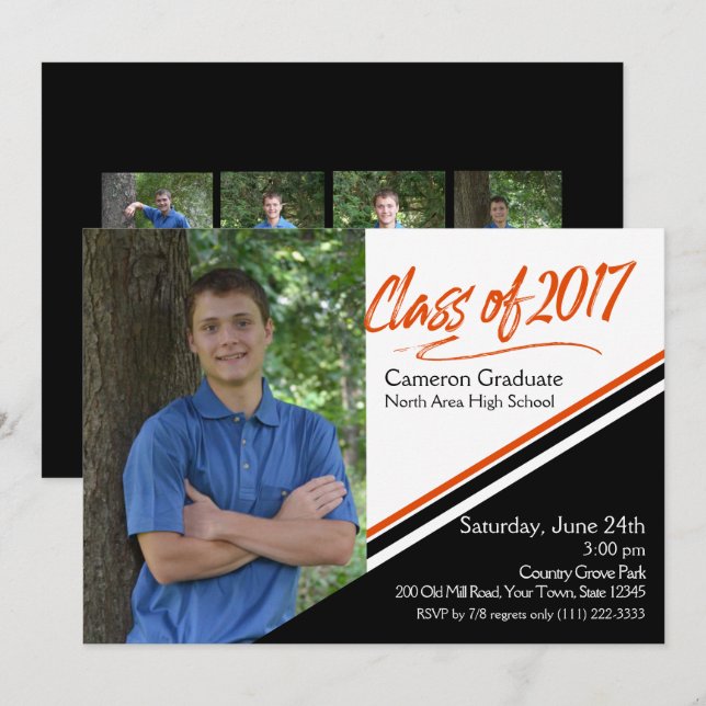 Klass av 2017 års Orange och Black School Färg Pho Inbjudningar (Fram/baksida)