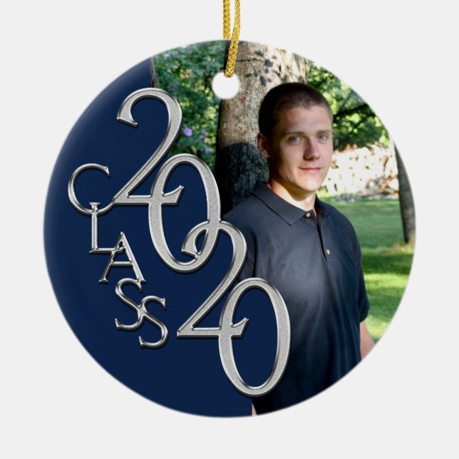Klass av 2020 Studenten Photo Keepsaki Silver Blu Julgransprydnad Keramik (Framsidan)