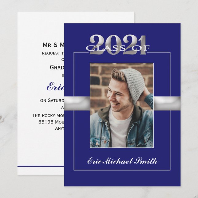 Klass av 2021 Blue Silver Studentfest Photo Inbjudningar (Fram/baksida)