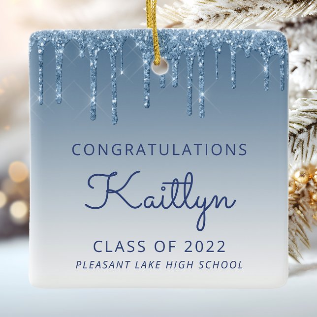 Klass av 2022 Blue Glitter Drip Photo Studenten Julgransprydnad Keramik (Skapare uppladdad)